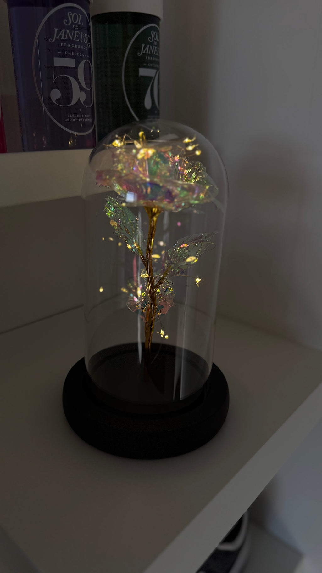 Rose Cristal Lumineuse sous Cloche – Effet Irisé 🤍