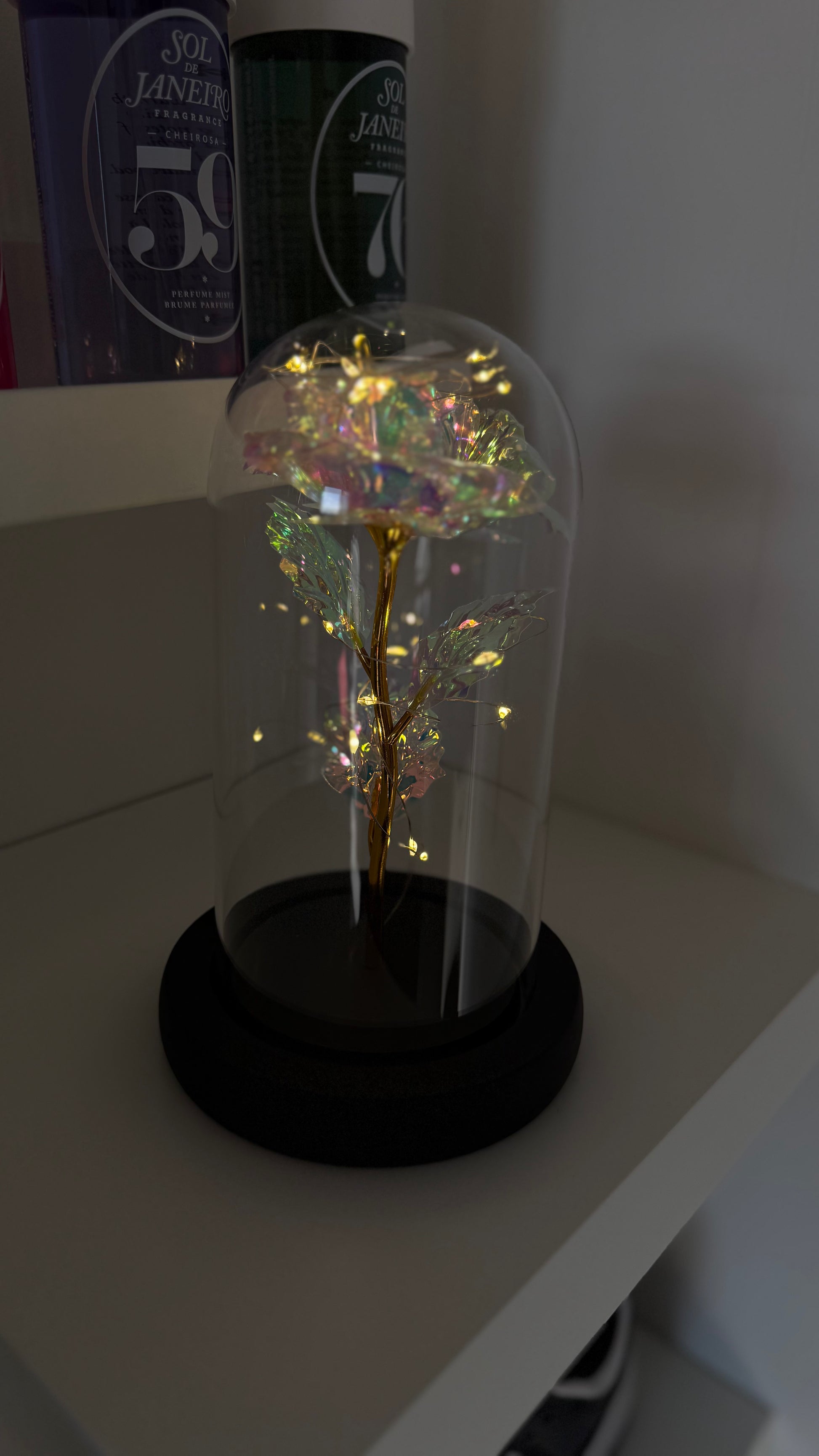 Rose Cristal Lumineuse sous Cloche – Effet Irisé 🤍