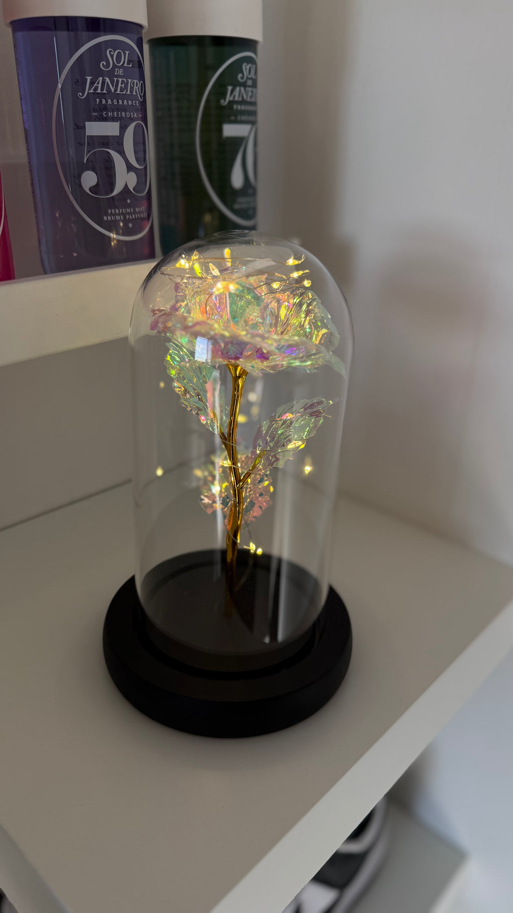 Rose Cristal Lumineuse sous Cloche – Effet Irisé 🤍