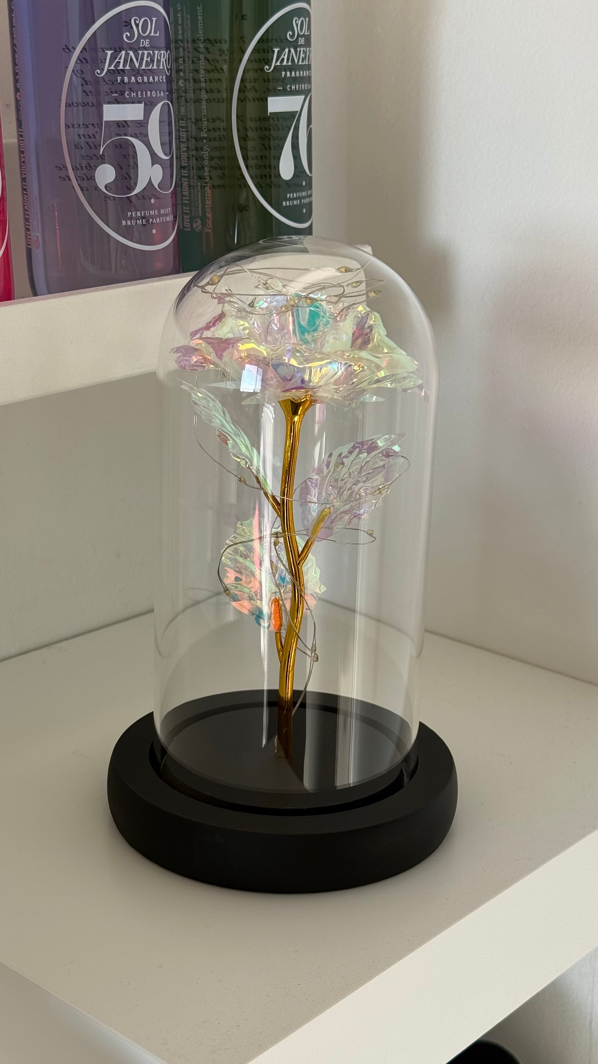 Rose Cristal Lumineuse sous Cloche – Effet Irisé 🤍